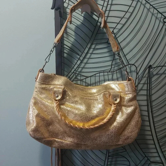 Shoulder  Bag/Satchel Sparkling Gold Crackled Leather Bag with Tassels - Picture 2 of 10